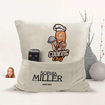 BK Gift Kişiye Özel Chef Karikatür Tasarımlı Organizer Kumanda ve Atıştırmalık Cepli Sarı Kırlent Ya