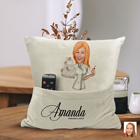 BK Gift Kişiye Özel Chef Karikatür Tasarımlı Organizer Kumanda ve Atıştırmalık Cepli Sarı Kırlent Ya