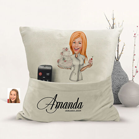 BK Gift Kişiye Özel Chef Karikatür Tasarımlı Organizer Kumanda ve Atıştırmalık Cepli Sarı Kırlent Ya