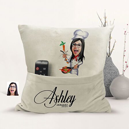 BK Gift Kişiye Özel Chef Karikatür Tasarımlı Organizer Kumanda ve Atıştırmalık Cepli Sarı Kırlent Ya