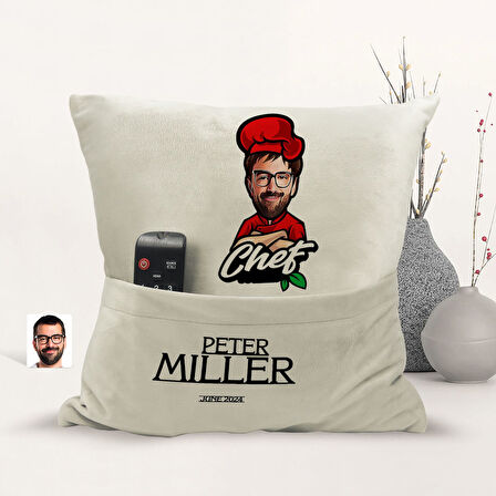 BK Gift Kişiye Özel Chef Karikatür Tasarımlı Organizer Kumanda ve Atıştırmalık Cepli Sarı Kırlent Ya