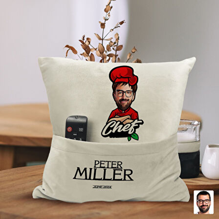 BK Gift Kişiye Özel Chef Karikatür Tasarımlı Organizer Kumanda ve Atıştırmalık Cepli Sarı Kırlent Ya