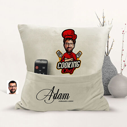 BK Gift Kişiye Özel Chef Karikatür Tasarımlı Organizer Kumanda ve Atıştırmalık Cepli Sarı Kırlent Ya