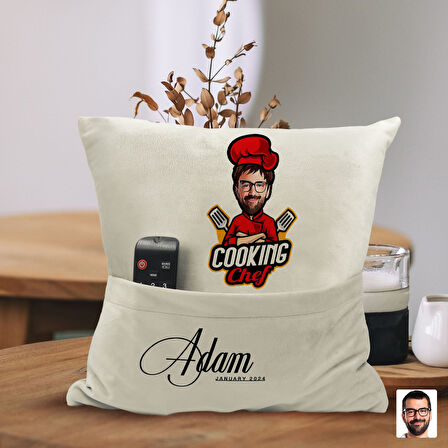BK Gift Kişiye Özel Chef Karikatür Tasarımlı Organizer Kumanda ve Atıştırmalık Cepli Sarı Kırlent Ya