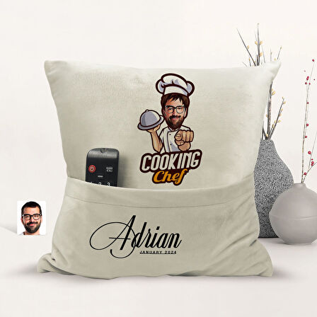 BK Gift Kişiye Özel Chef Karikatür Tasarımlı Organizer Kumanda ve Atıştırmalık Cepli Sarı Kırlent Ya