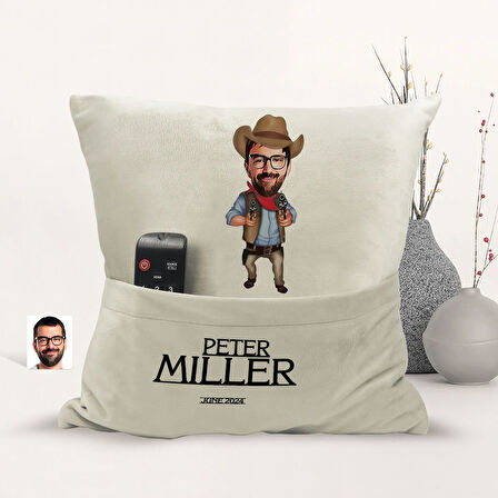 BK Gift Kişiye Özel Kovboy Karikatür Tasarımlı Organizer Kumanda ve Atıştırmalık Cepli Sarı Kırlent 