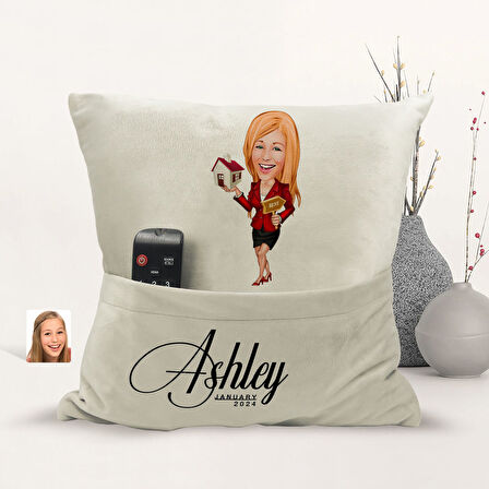 BK Gift Kişiye Özel Emlakçı Karikatür Tasarımlı Organizer Kumanda ve Atıştırmalık Cepli Sarı Kırlent