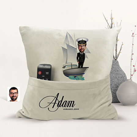 BK Gift Kişiye Özel Gemi Kaptanı Karikatür Tasarımlı Organizer Kumanda ve Atıştırmalık Cepli Sarı Kı
