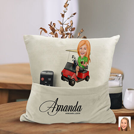 BK Gift Kişiye Özel Golf Oyuncusu Karikatür Tasarımlı Organizer Kumanda ve Atıştırmalık Cepli Sarı K