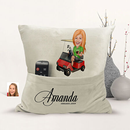 BK Gift Kişiye Özel Golf Oyuncusu Karikatür Tasarımlı Organizer Kumanda ve Atıştırmalık Cepli Sarı K