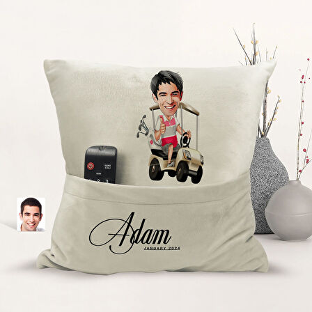 BK Gift Kişiye Özel Golf Oyuncusu Karikatür Tasarımlı Organizer Kumanda ve Atıştırmalık Cepli Sarı K