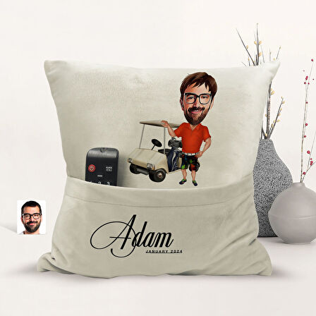 BK Gift Kişiye Özel Golf Oyuncusu Karikatür Tasarımlı Organizer Kumanda ve Atıştırmalık Cepli Sarı K