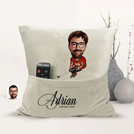 BK Gift Kişiye Özel Hokey Oyuncusu Karikatür Tasarımlı Organizer Kumanda ve Atıştırmalık Cepli Sarı 