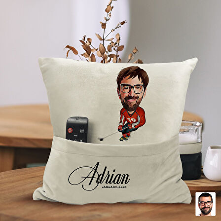 BK Gift Kişiye Özel Hokey Oyuncusu Karikatür Tasarımlı Organizer Kumanda ve Atıştırmalık Cepli Sarı 