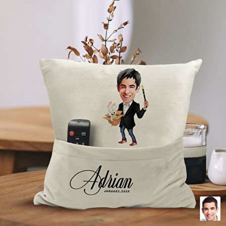 BK Gift Kişiye Özel Sihirbaz Karikatür Tasarımlı Organizer Kumanda ve Atıştırmalık Cepli Sarı Kırlen