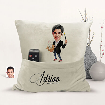 BK Gift Kişiye Özel Sihirbaz Karikatür Tasarımlı Organizer Kumanda ve Atıştırmalık Cepli Sarı Kırlen