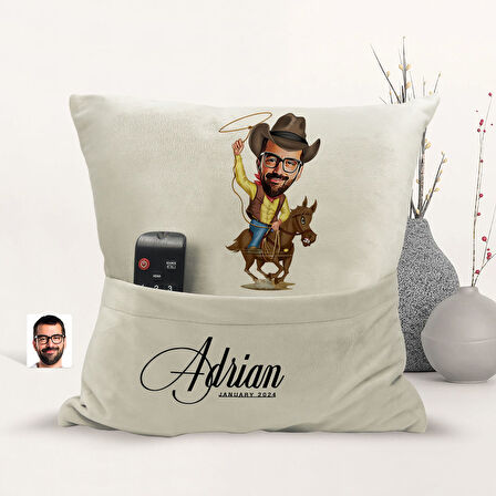 BK Gift Kişiye Özel Kovboy Karikatür Tasarımlı Organizer Kumanda ve Atıştırmalık Cepli Sarı Kırlent 