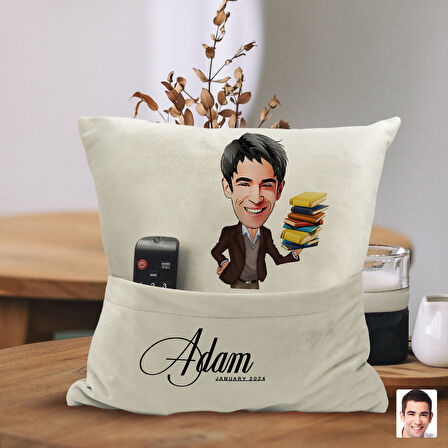 BK Gift Kişiye Özel Öğretmen Karikatür Tasarımlı Organizer Kumanda ve Atıştırmalık Cepli Sarı Kırlen