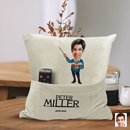 BK Gift Kişiye Özel Öğretmen Karikatür Tasarımlı Organizer Kumanda ve Atıştırmalık Cepli Sarı Kırlen