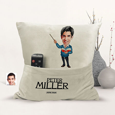 BK Gift Kişiye Özel Öğretmen Karikatür Tasarımlı Organizer Kumanda ve Atıştırmalık Cepli Sarı Kırlen