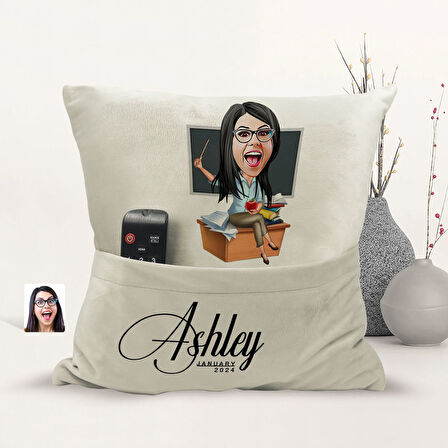 BK Gift Kişiye Özel Öğretmen Karikatür Tasarımlı Organizer Kumanda ve Atıştırmalık Cepli Sarı Kırlen