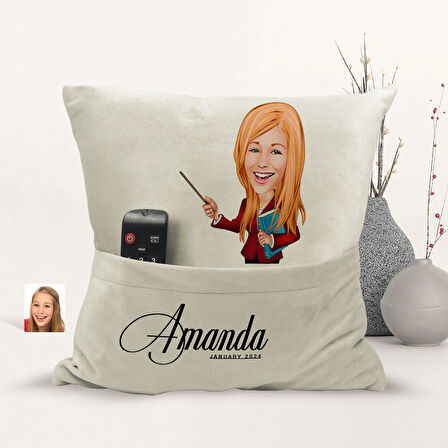 BK Gift Kişiye Özel Öğretmen Karikatür Tasarımlı Organizer Kumanda ve Atıştırmalık Cepli Sarı Kırlen