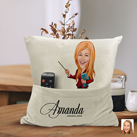 BK Gift Kişiye Özel Öğretmen Karikatür Tasarımlı Organizer Kumanda ve Atıştırmalık Cepli Sarı Kırlen