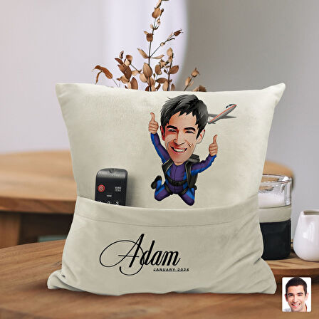 BK Gift Kişiye Özel Paraşüt Karikatür Tasarımlı Organizer Kumanda ve Atıştırmalık Cepli Sarı Kırlent