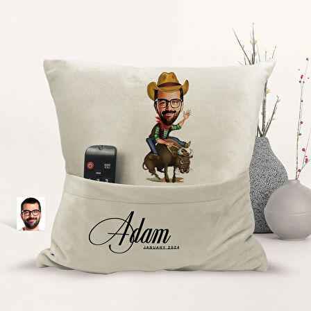 BK Gift Kişiye Özel Rodeo Karikatür Tasarımlı Organizer Kumanda ve Atıştırmalık Cepli Sarı Kırlent Y