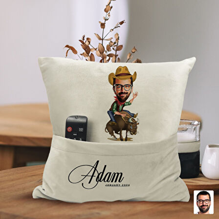 BK Gift Kişiye Özel Rodeo Karikatür Tasarımlı Organizer Kumanda ve Atıştırmalık Cepli Sarı Kırlent Y