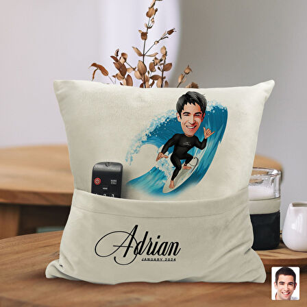 BK Gift Kişiye Özel Sörfçü Karikatür Tasarımlı Organizer Kumanda ve Atıştırmalık Cepli Sarı Kırlent 