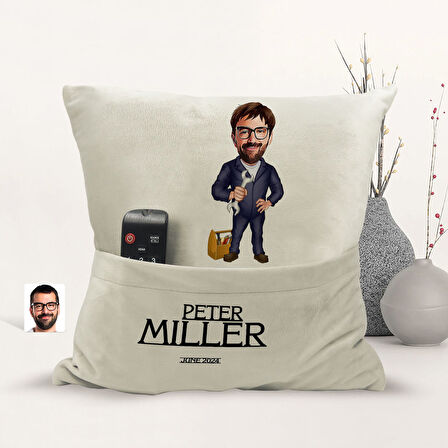 BK Gift Kişiye Özel Tamirci Karikatür Tasarımlı Organizer Kumanda ve Atıştırmalık Cepli Sarı Kırlent