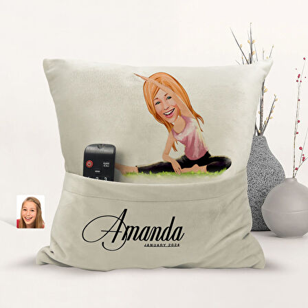 BK Gift Kişiye Özel Yoga Karikatür Tasarımlı Organizer Kumanda ve Atıştırmalık Cepli Sarı Kırlent Ya