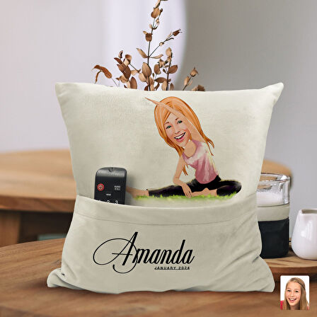 BK Gift Kişiye Özel Yoga Karikatür Tasarımlı Organizer Kumanda ve Atıştırmalık Cepli Sarı Kırlent Ya