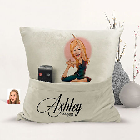 BK Gift Kişiye Özel Yoga Karikatür Tasarımlı Organizer Kumanda ve Atıştırmalık Cepli Sarı Kırlent Ya