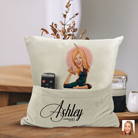 BK Gift Kişiye Özel Yoga Karikatür Tasarımlı Organizer Kumanda ve Atıştırmalık Cepli Sarı Kırlent Ya