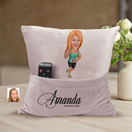 BK Gift Kişiye Özel Koşucu Karikatür Tasarımlı Organizer Kumanda ve Atıştırmalık Cepli Pembe Kırlent