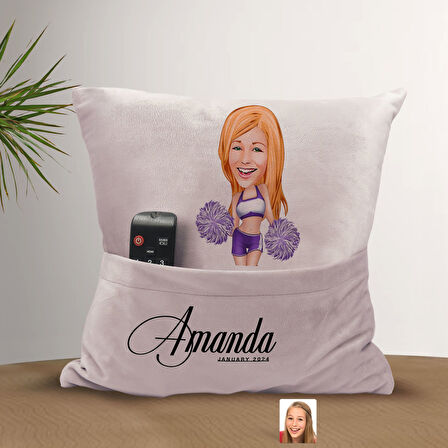BK Gift Kişiye Özel Ponpon Kız Karikatür Tasarımlı Organizer Kumanda ve Atıştırmalık Cepli Pembe Kır
