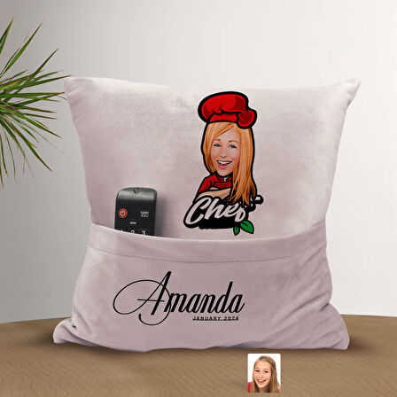 BK Gift Kişiye Özel Chef Karikatür Tasarımlı Organizer Kumanda ve Atıştırmalık Cepli Pembe Kırlent Y