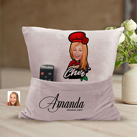 BK Gift Kişiye Özel Chef Karikatür Tasarımlı Organizer Kumanda ve Atıştırmalık Cepli Pembe Kırlent Y