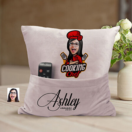 BK Gift Kişiye Özel Chef Karikatür Tasarımlı Organizer Kumanda ve Atıştırmalık Cepli Pembe Kırlent Y