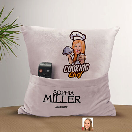 BK Gift Kişiye Özel Chef Karikatür Tasarımlı Organizer Kumanda ve Atıştırmalık Cepli Pembe Kırlent Y