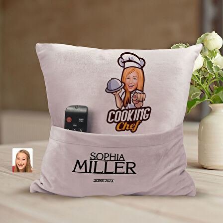 BK Gift Kişiye Özel Chef Karikatür Tasarımlı Organizer Kumanda ve Atıştırmalık Cepli Pembe Kırlent Y