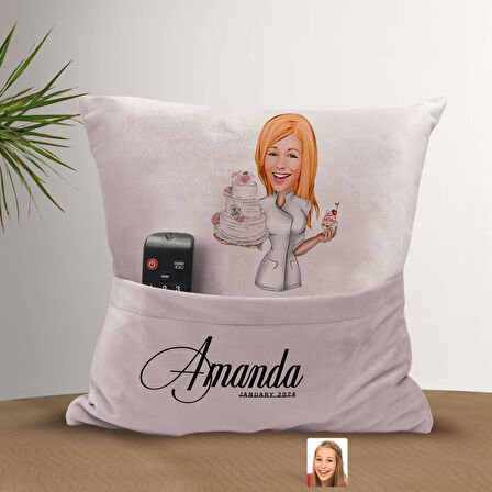 BK Gift Kişiye Özel Chef Karikatür Tasarımlı Organizer Kumanda ve Atıştırmalık Cepli Pembe Kırlent Y