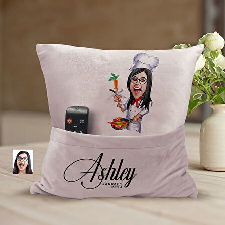 BK Gift Kişiye Özel Chef Karikatür Tasarımlı Organizer Kumanda ve Atıştırmalık Cepli Pembe Kırlent Y