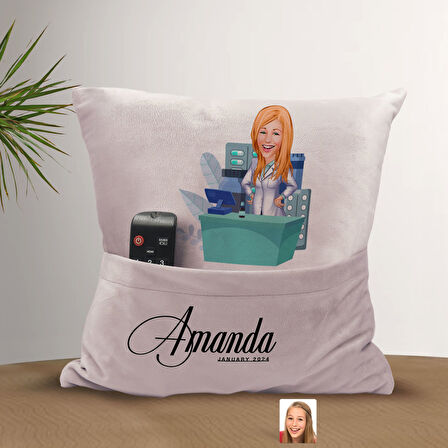 BK Gift Kişiye Özel Eczacı Karikatür Tasarımlı Organizer Kumanda ve Atıştırmalık Cepli Pembe Kırlent