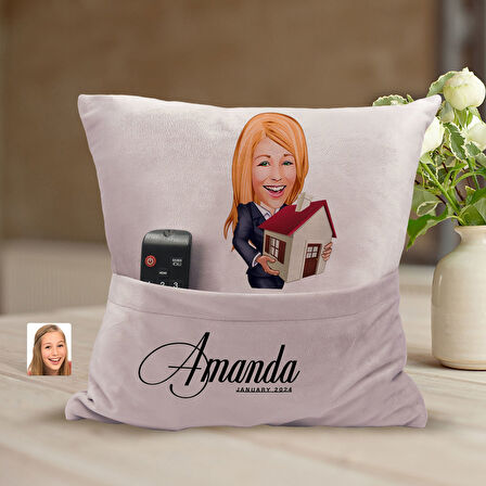 BK Gift Kişiye Özel Emlakçı Karikatür Tasarımlı Organizer Kumanda ve Atıştırmalık Cepli Pembe Kırlen