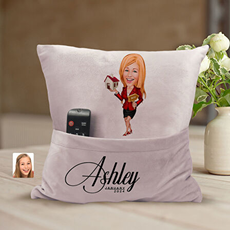 BK Gift Kişiye Özel Emlakçı Karikatür Tasarımlı Organizer Kumanda ve Atıştırmalık Cepli Pembe Kırlen