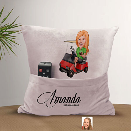 BK Gift Kişiye Özel Golf Oyuncusu Karikatür Tasarımlı Organizer Kumanda ve Atıştırmalık Cepli Pembe 