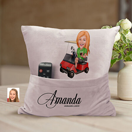 BK Gift Kişiye Özel Golf Oyuncusu Karikatür Tasarımlı Organizer Kumanda ve Atıştırmalık Cepli Pembe 